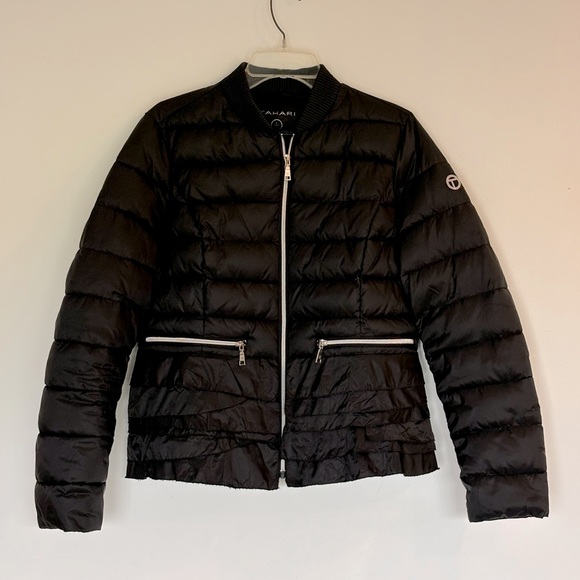 Black puffy quilted jacket, Tahari Large, with ruffles - Picture 1 of 9